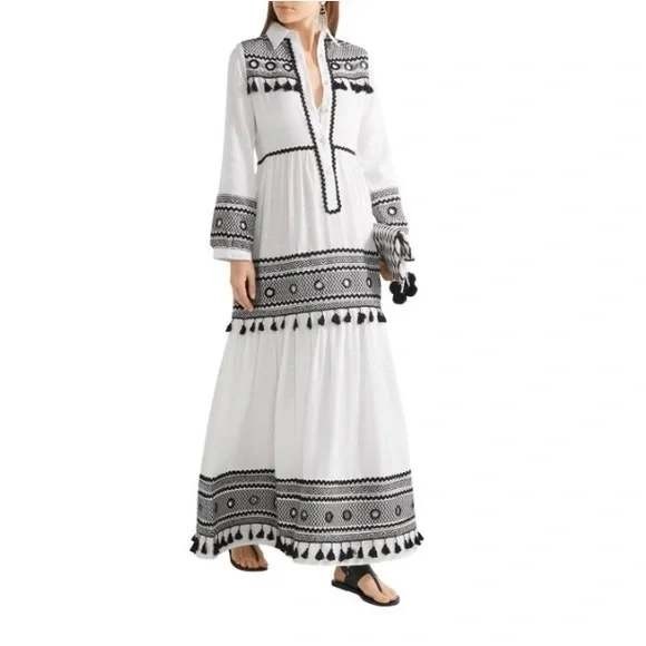 Dodo Bar Or Dresses & Skirts - DODO Bar Or  White Black Embroidered Tassel Mirror Maxi Dress‎ Womens S Cotton